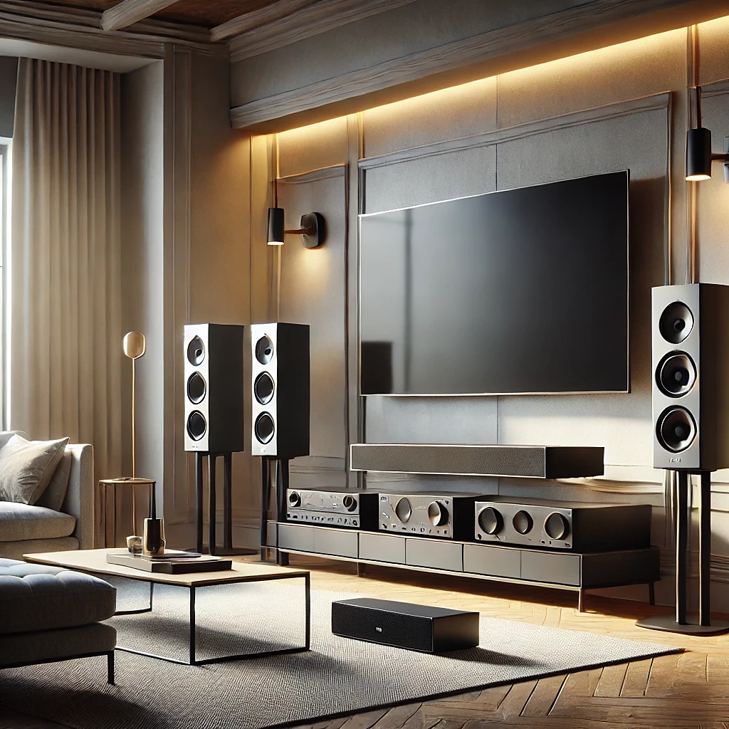 A home cinema layout with floorstanding speakers, centre channel and large screen