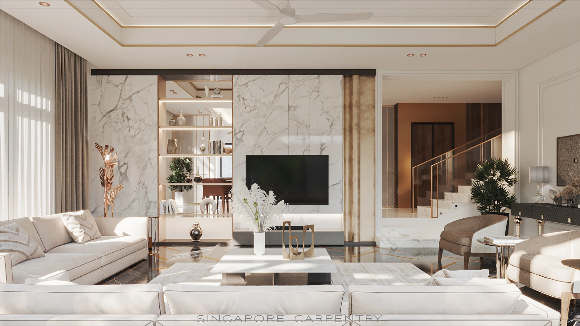 A luxury living room with integrated lighting, shading and audio
