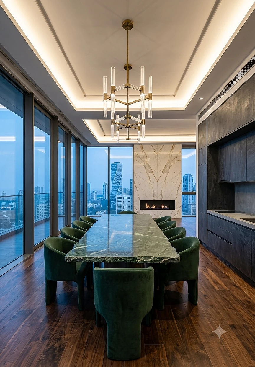 Boardroom with cove lighting, floor-to-ceiling glazing and a city skyline beyond