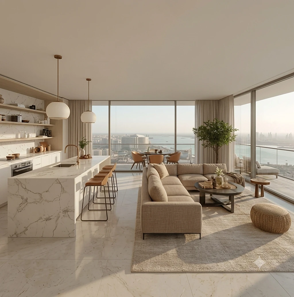 Open-plan apartment living and kitchen with sea view and integrated lighting