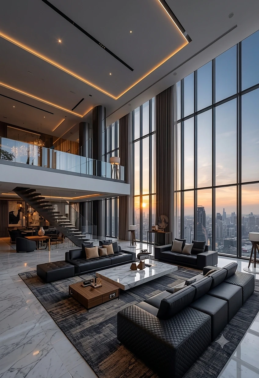 Double-height penthouse living room with integrated lighting and motorised shading