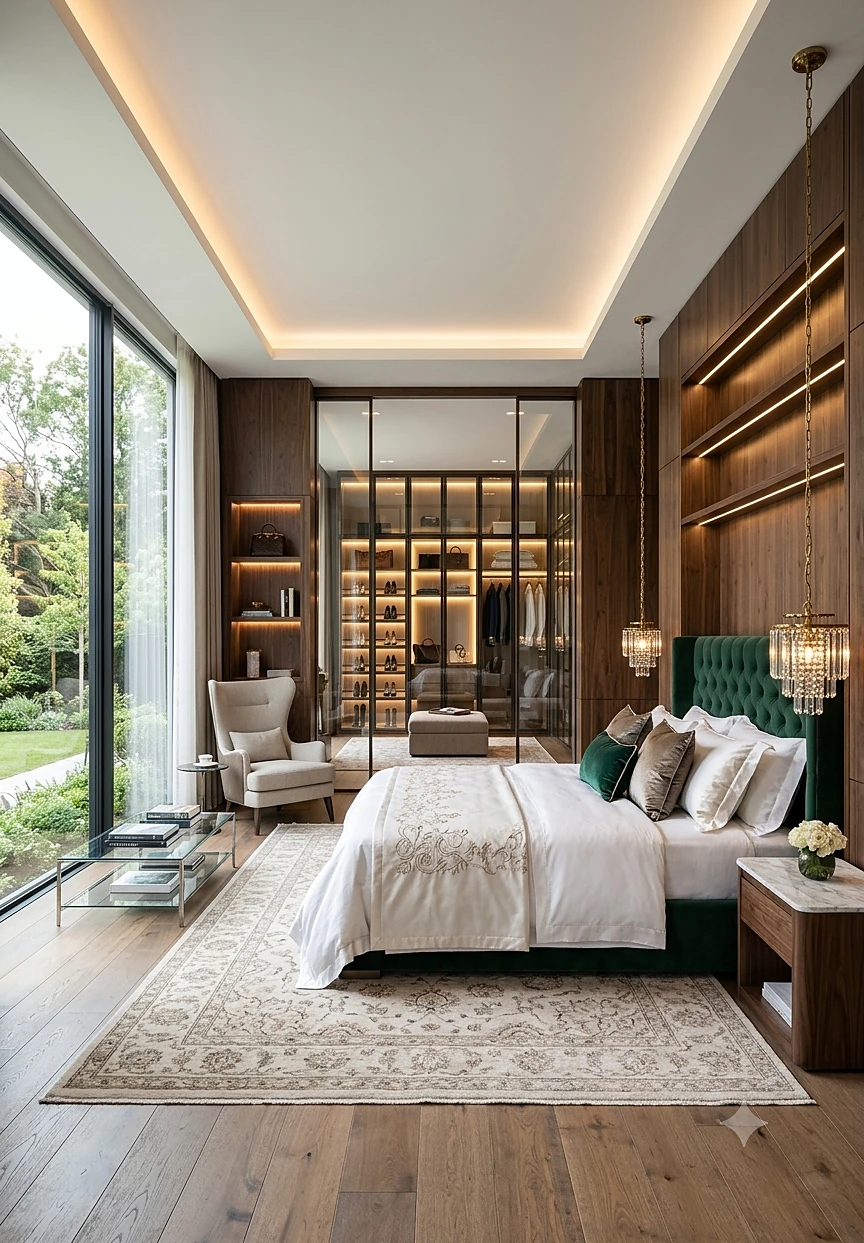 Principal bedroom with architectural lighting, walk-in wardrobe and motorised sheers